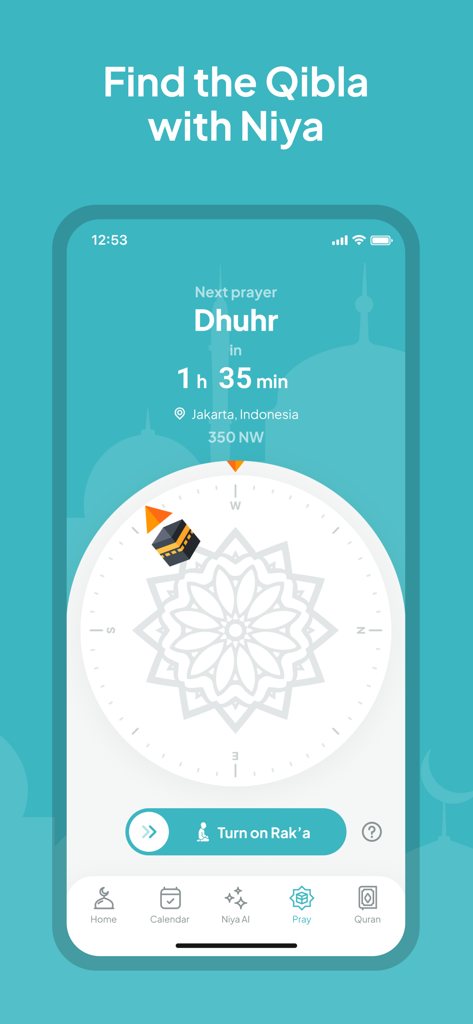 Niya app screen showing the digital Qibla compass and next prayer time countdown.