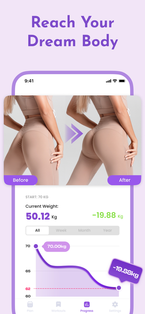 Butt Workout: Fitness at Home - Capture d'écran d'une application de fitness montrant un graphique de perte de poids et des photos avant/après transformation des fessiers