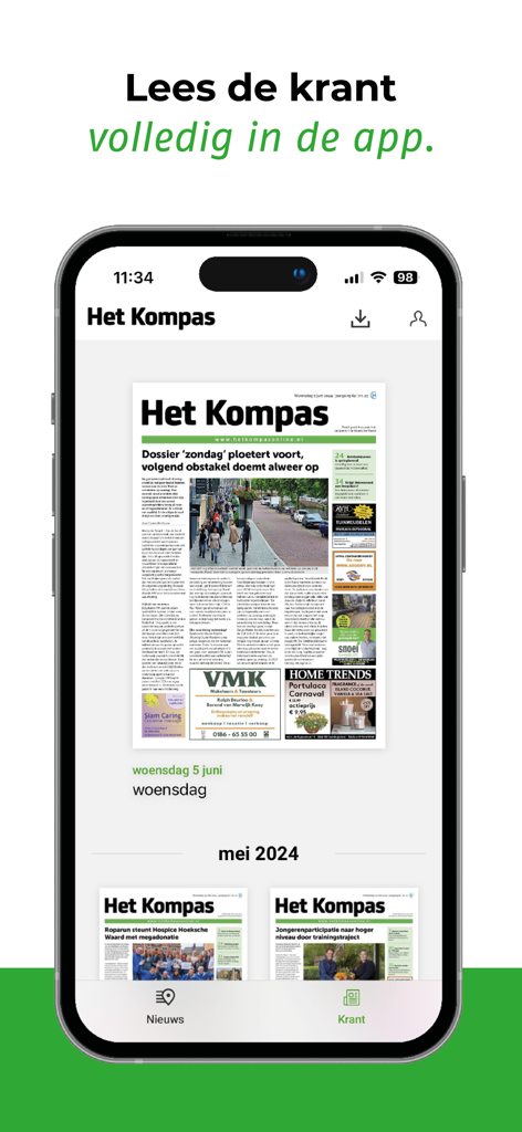 Schermata di uno smartphone che mostra l'edizione del giornale digitale di Het Kompas Online