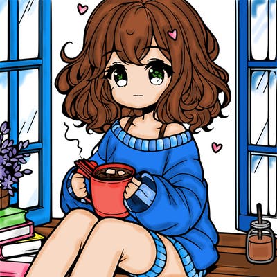 cute anime girl reading book and drinking hot chocolate from mug with loose wavy hair wearing a baggy sweatshirt and shorts sitting by windowsill looking out