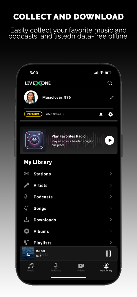 LiveOne Music - LiveOne Music app My Library interface showing options for offline listening and downloads
