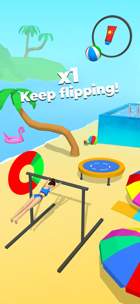 Flip Jump Stack - A character performing a gymnastics flip on a horizontal bar in a beach setting in the game Flip Jump Stack.