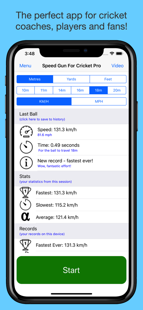 Interface de l'application Speed Gun for Cricket Pro montrant les statistiques de vitesse de lancer et les paramètres de longueur de terrain personnalisables.