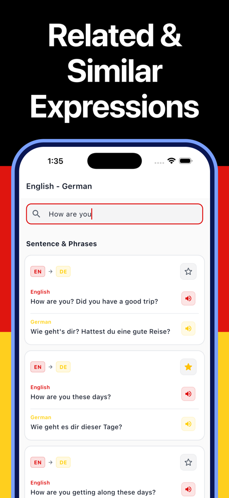 Tradução de inglês para alemão de frases comuns e expressões relacionadas em um aplicativo de dicionário
