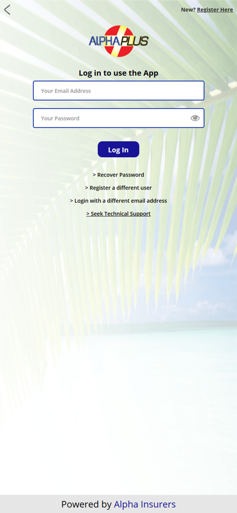 Alpha Plus - Alpha Plusモバイルアプリのログイン画面。トロピカルなヤシの葉の背景に、メールアドレスとパスワードの入力フィールドがあります。