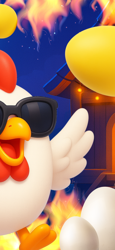 Fowl Fusion: Legacy Awaits - Un pollo de dibujos animados feliz con gafas de sol en una granja con huevos