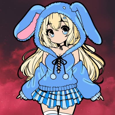 pretty anime girl wearing a fluffy hoodie with bunny ears on the hood and a skirt