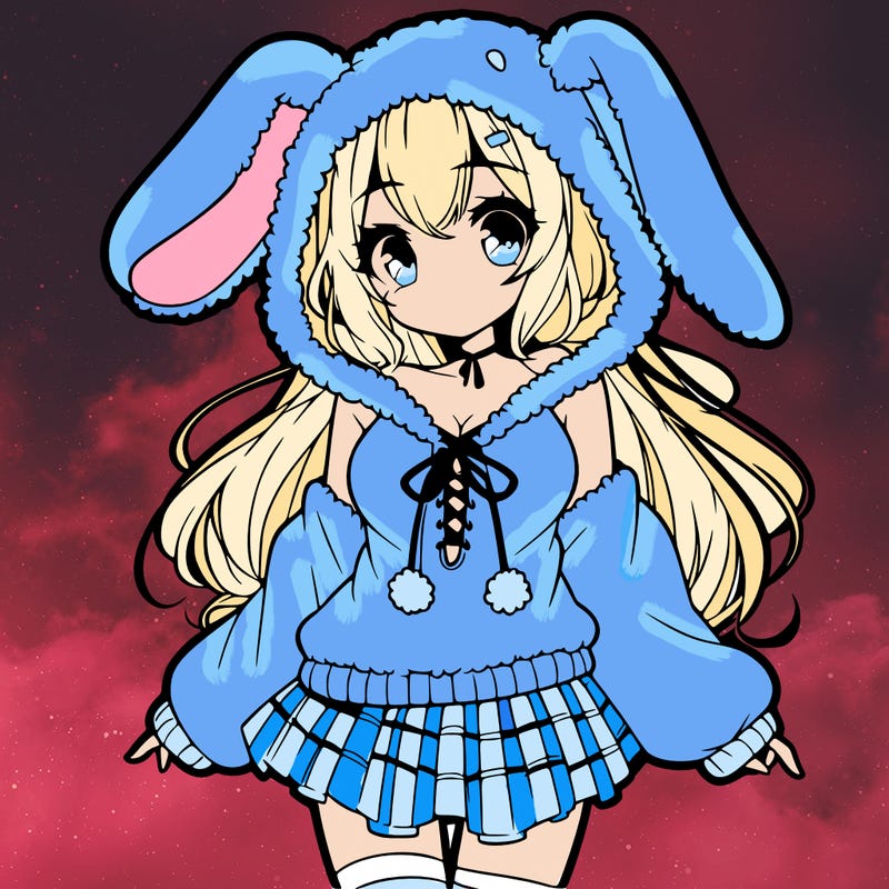 pretty anime girl wearing a fluffy hoodie with bunny ears on the hood and a skirt