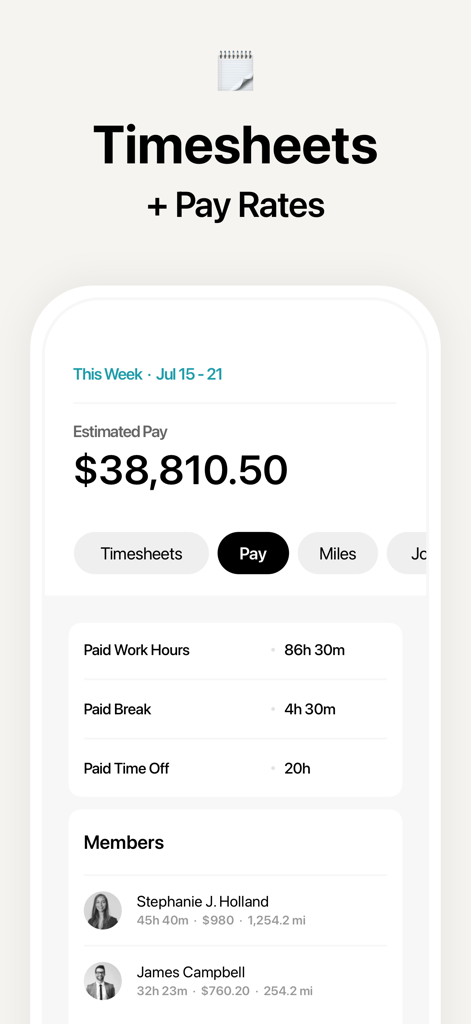Atto - Time Clock & Scheduling - Atto app interface showing weekly estimated payroll and employee work hour summaries