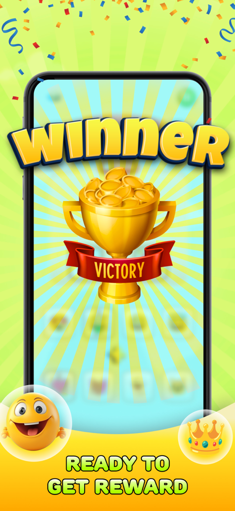 Emoji Merge - Fun Emoji Game - Siegbildschirm mit einer goldenen Trophäe und Münzen im Emoji Merge Spiel