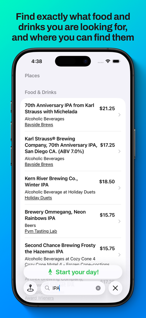 MagicMapper for Disneyland - Una pantalla de resultados de búsqueda en la aplicación MagicMapper que muestra una lista de cervezas artesanales con precios y ubicaciones en Disneyland.
