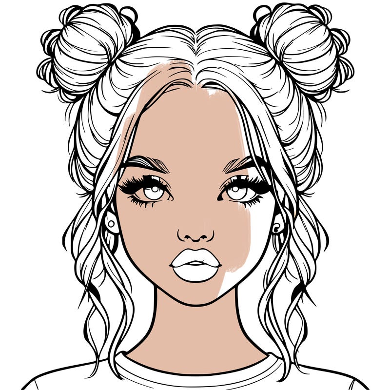 realistic girl with two buns in hair and lips