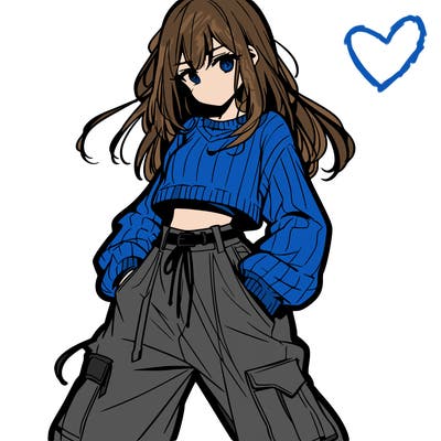 anime teen girl with baggy pants and crop top with sweater