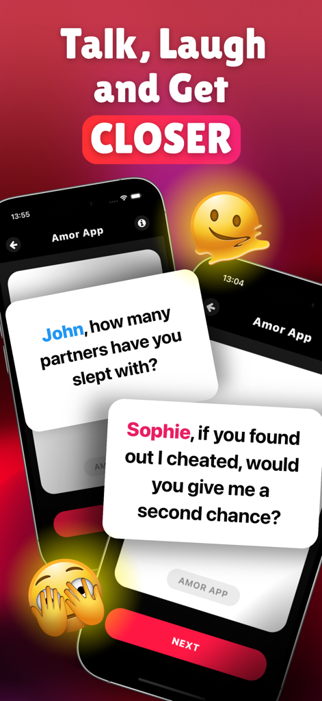 Amor - App for Couples - Amor app interface showing deep conversation cards for couples to improve intimacy