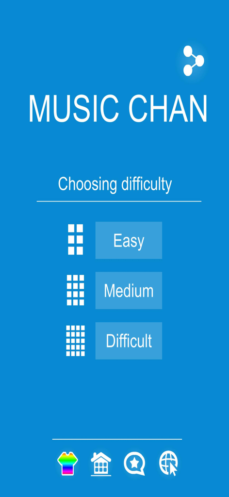 Music chan app menu screen for choosing between easy medium and difficult game levels
