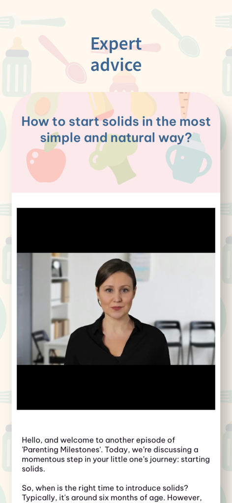 Écran de l'application Little Foodie présentant des conseils vidéo d'experts sur le début de l'alimentation solide pour les bébés