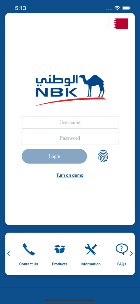 NBK International Mobile login screen with username and password fields and fingerprint authentication option