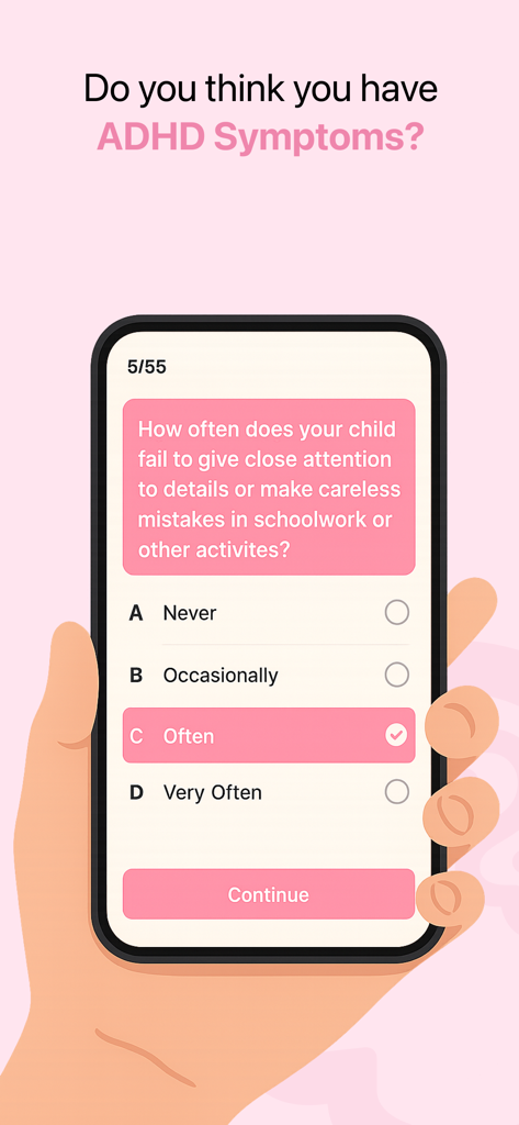 Écran de téléphone portable montrant une évaluation TDAH dirigée par les parents sur les détails de la capacité d'attention d'un enfant
