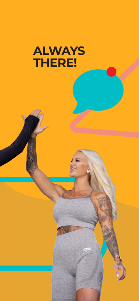 KORE by KOROS - Eine Frau in Fitnesskleidung gibt sich die High-Five neben einer Nachrichten-Benachrichtigungsblase und dem Text "Always There".