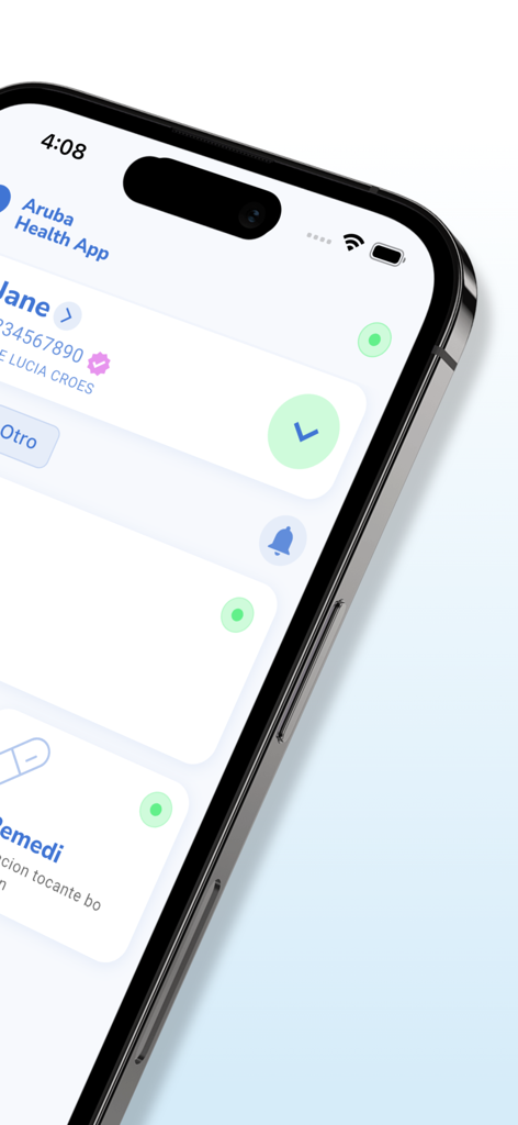 Screenshot of the Aruba Health App on an iPhone showing a user medical profile and dashboard