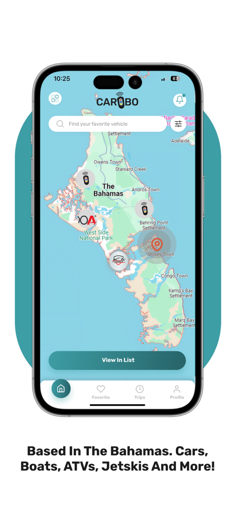 Caribo Bahamas 앱 지도 (섬 전역의 차량 및 보트 렌탈 옵션 표시)