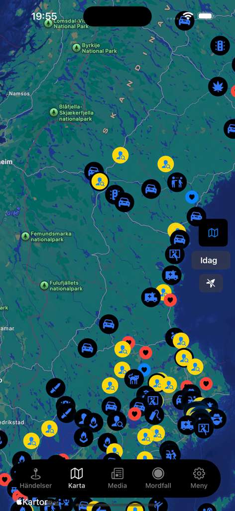 Blåljus  – True Crime Podcasts - Interactive map in the Blaljus app showing real-time crime and emergency incidents across Sweden