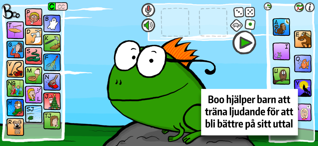 Ljuda med Boo! - Interfaz de la aplicación de logopedia Ljuda med Boo con el personaje Boo e iconos de sonidos fonéticos suecos.
