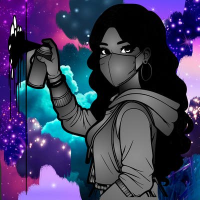 realistic girl with mask spray painting a wall