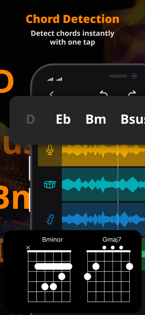 Vocal Remover Editor: MusicLab - MusicLab app interface displaying AI chord detection and guitar chord diagrams