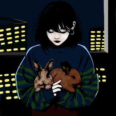 realistic girl with messy bunny baggy sweatshirt and holding bunnies