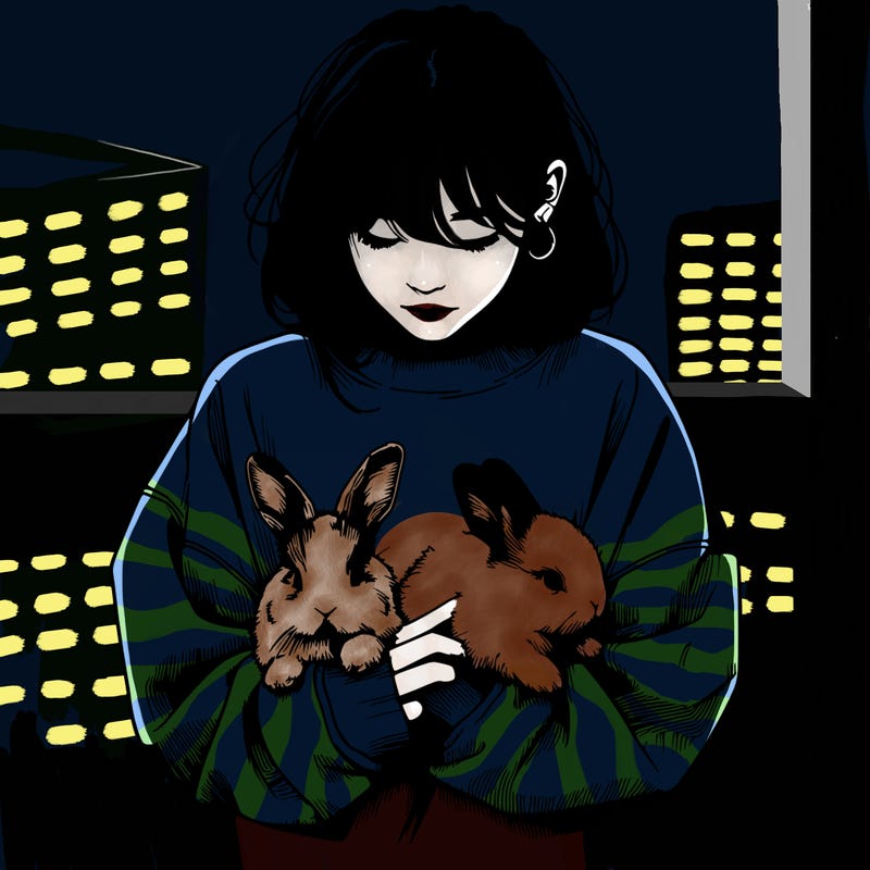 realistic girl with messy bunny baggy sweatshirt and holding bunnies