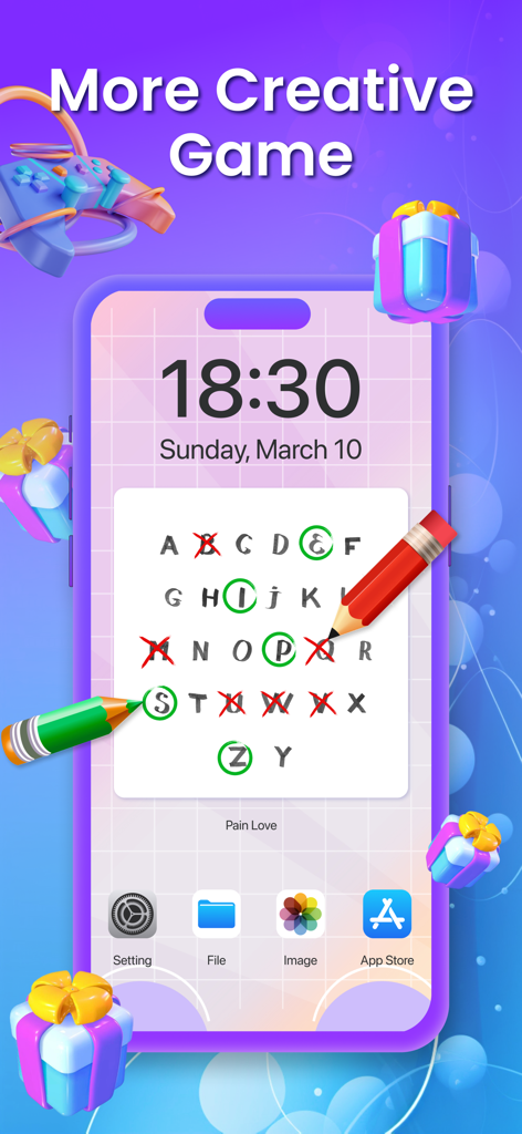 Creative alphabet game on a phone lockscreen widget with drawing pencils