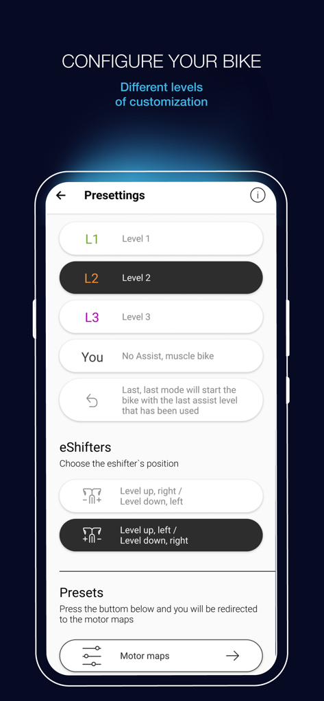 My SmartBike - My SmartBike app configuration screen for assistance levels and shifter settings
