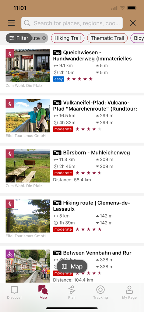 Lista de las mejores rutas de senderismo y ciclismo con detalles de distancia y dificultad en la aplicación Rhineland Palatinate