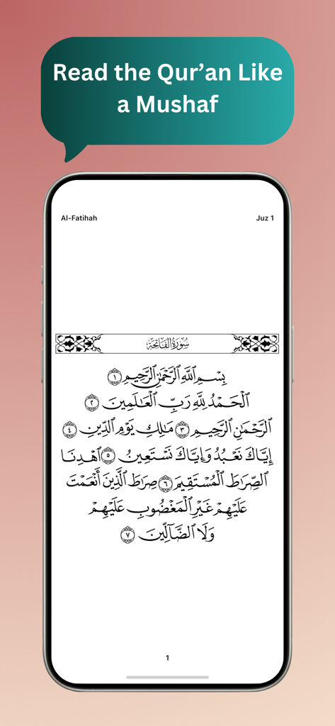 Tasleem app displaying Al-Fatihah in a traditional Mushaf Quran layout