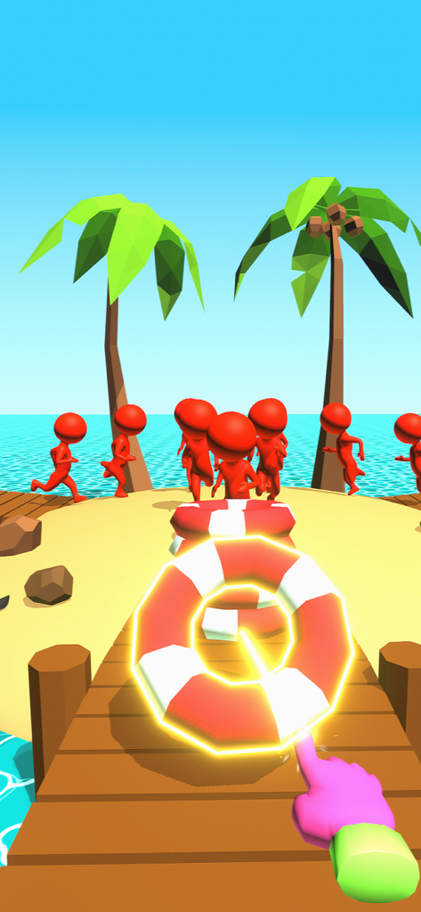 First person view of a magic glove picking up a glowing lifebuoy on a tropical island pier