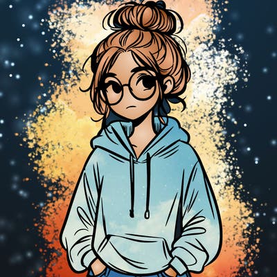 teen girl with a messy bun and glasses wearing a loose hoodie and jeans