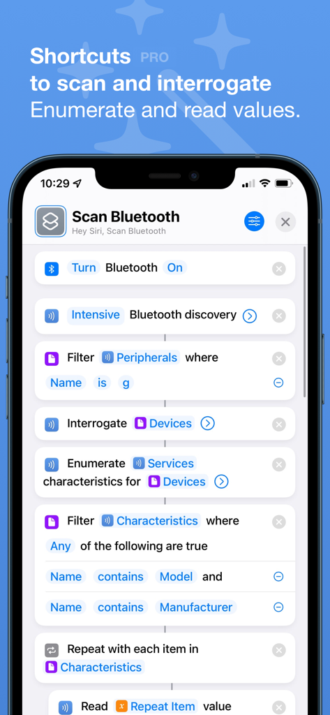 Bluetooth Inspector - iPhone screenshot showing Bluetooth Inspector pro feature integration with iOS Shortcuts to automate scanning and interrogating peripherals