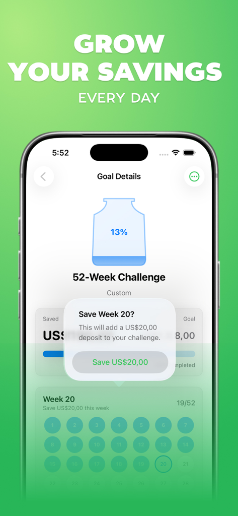 Savings Goal - Money Saver - A mobile app interface displaying a 52-week savings challenge with a progress jar.
