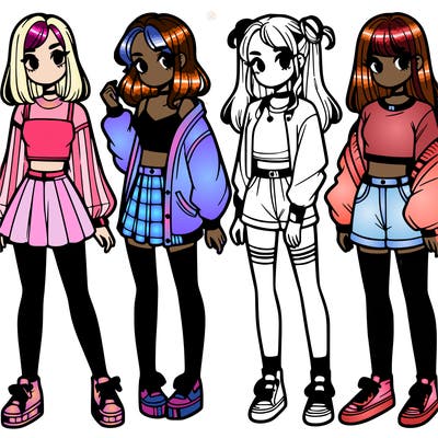 one girl with crop-top shirt and a jacket with a skirt, long socks and another girl with a shirt and pants with a jacket