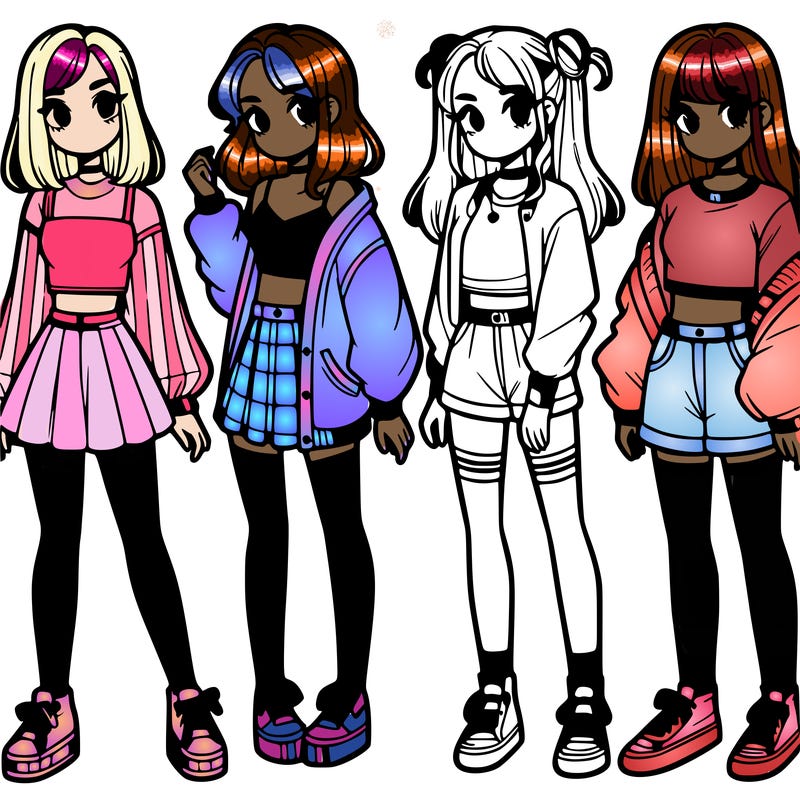 one girl with crop-top shirt and a jacket with a skirt, long socks and another girl with a shirt and pants with a jacket