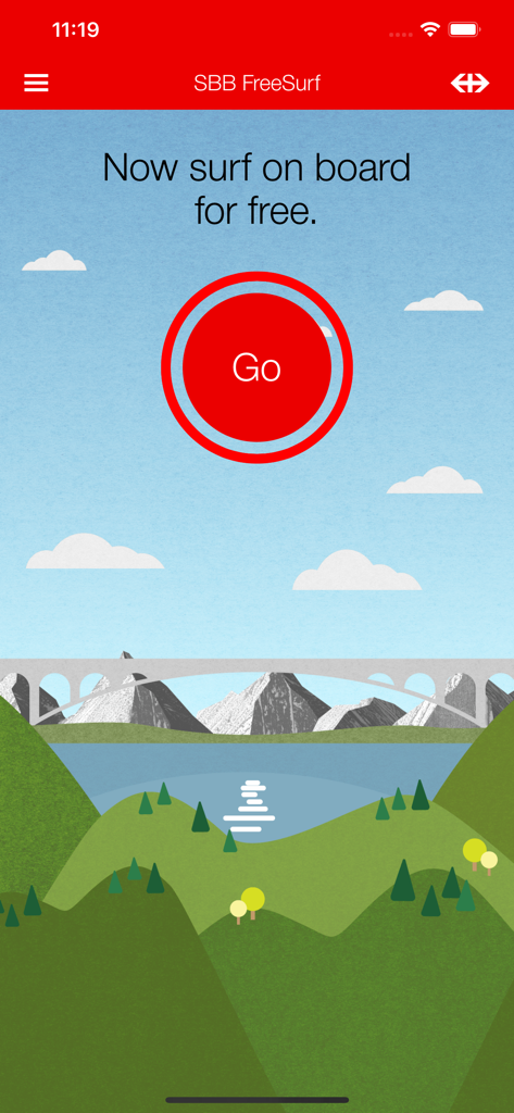 SBB FreeSurf - SBB FreeSurf app welcome screen featuring a red Go button and an illustration of the Swiss Alps
