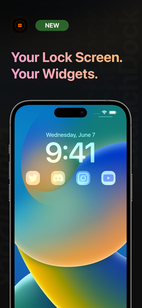 LaunchDock: Activity Launcher - iPhone lock screen showing LaunchDock customizable app widgets for quick social media access