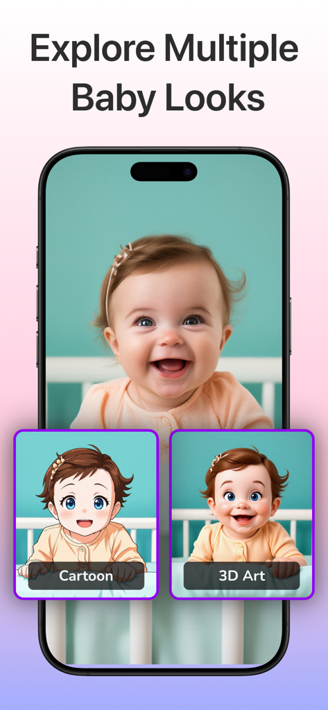 AI Baby Generator; Future Face - A smartphone showing three different AI generated baby styles including realistic, cartoon, and 3D art.