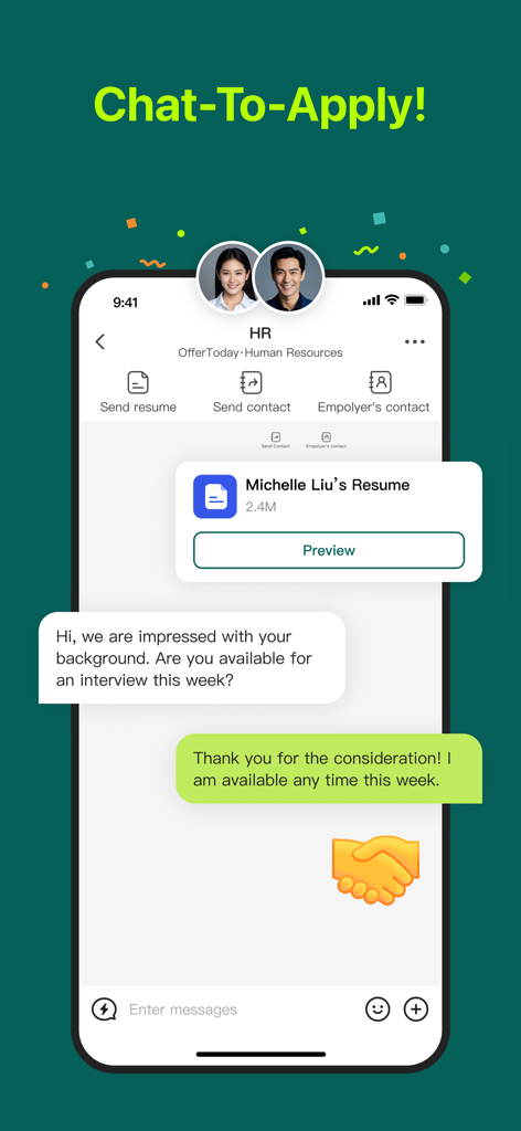 OfferToday - Find Jobs - Mobile screen showing OfferToday chat to apply feature with a direct conversation between a job seeker and HR recruiter
