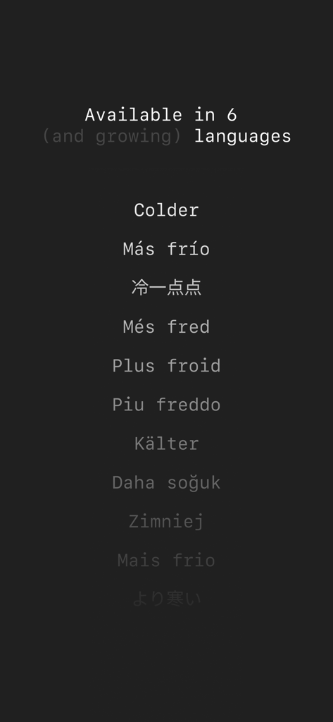 Lazy Weather: colder or warmer - A screen displaying the word Colder in multiple languages indicating international support for the app.