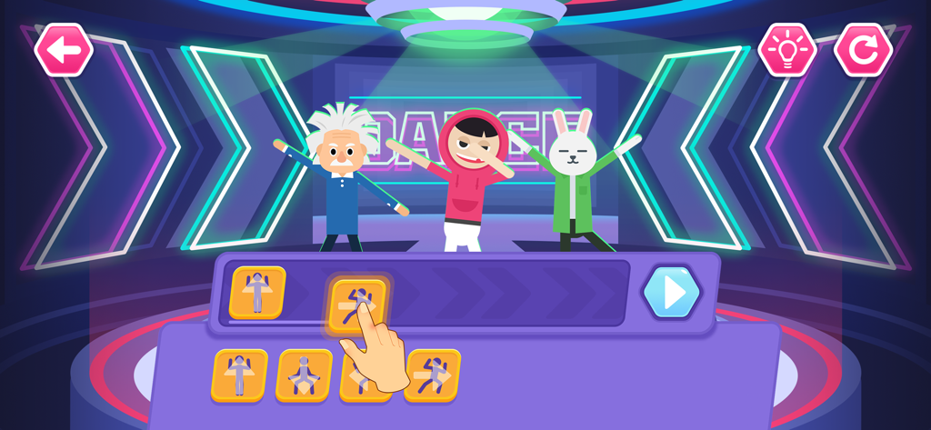 Dance Party Coding for kids - A hand selects dance move blocks to code a routine for characters on a neon stage.
