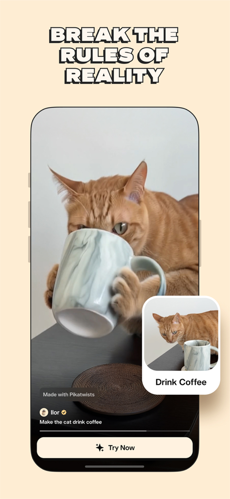 Pikaffects by Pika - 커피잔을 마시는 생강 고양이의 초현실적인 AI 생성 영상인 Pikaffects 앱 스크린샷.