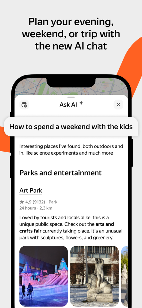 Interface de chat de IA do Yandex Maps mostrando sugestões de planejamento de viagem para um fim de semana em família