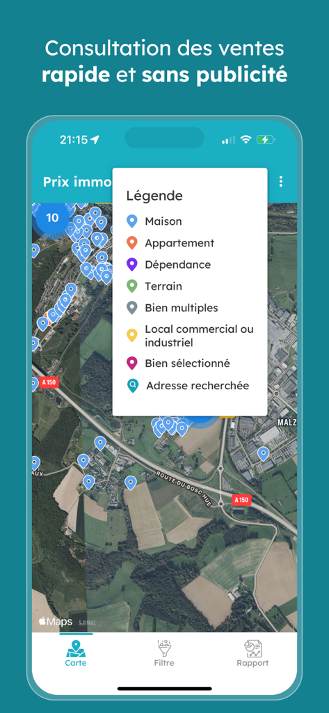 Prix Immo - Vente immobilière - Prix Immo app interface showing a satellite map of French real estate sales with a descriptive property type legend
